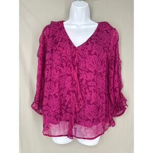 Soft Surroundings Top Womens PS Pink Floral Ruffle Cottage Boho V Neck